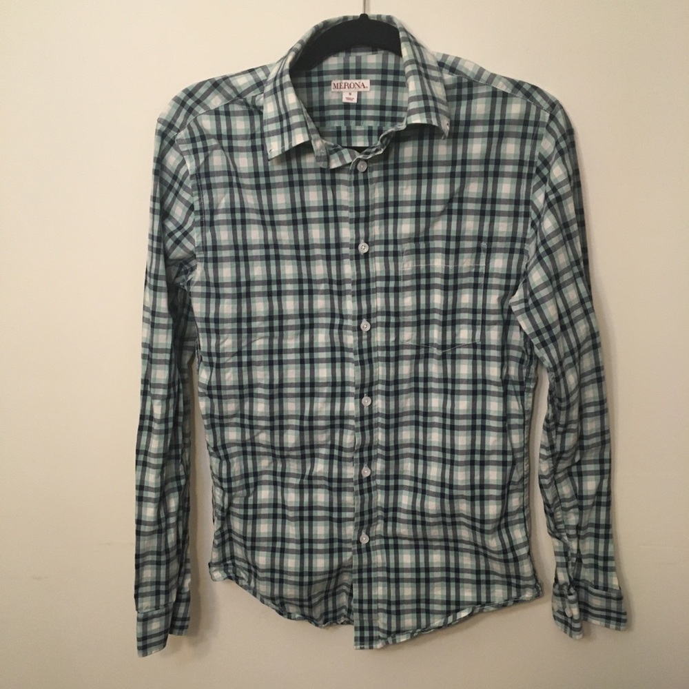 Navy Blue Green and White Plaid Button Down sz S
